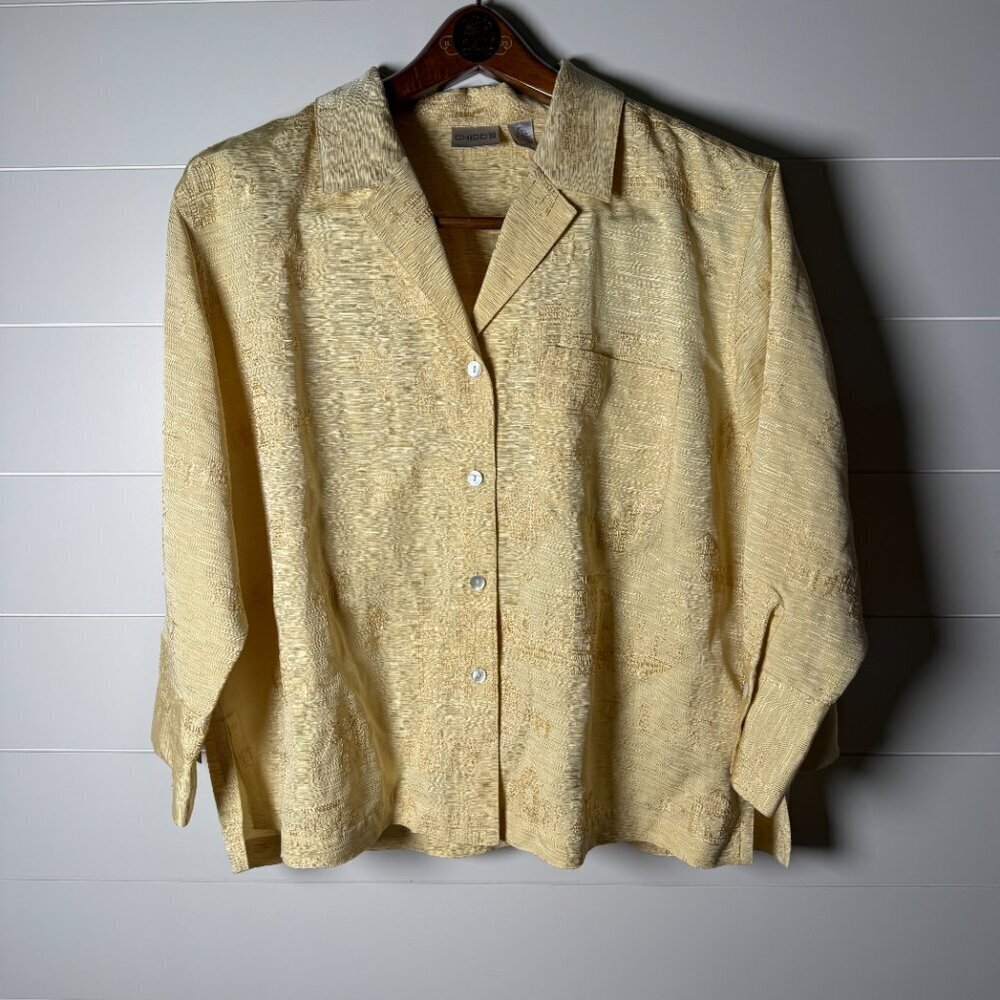 Chico's 2 Asian Blouse Butter Yellow/Gold Embroidered Button Silk Linen Blend